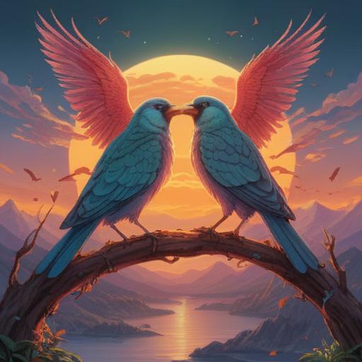 Four birds symbolizing spiritual meanings, each bird representing a different aspect of spirituality, serene environment, gentle sunrise lighting, intricate feather details, harmonious color palette, peaceful aura, ethereal presence, nature backdrop, 4k