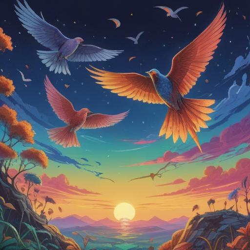 A serene landscape featuring four birds in flight, symbolizing spiritual guidance and positivity, vibrant colors, harmonious composition, nature's tranquility, ethereal light, profound connection to the universe, uplifting message, rich details in the feathers, peaceful surroundings, 4k