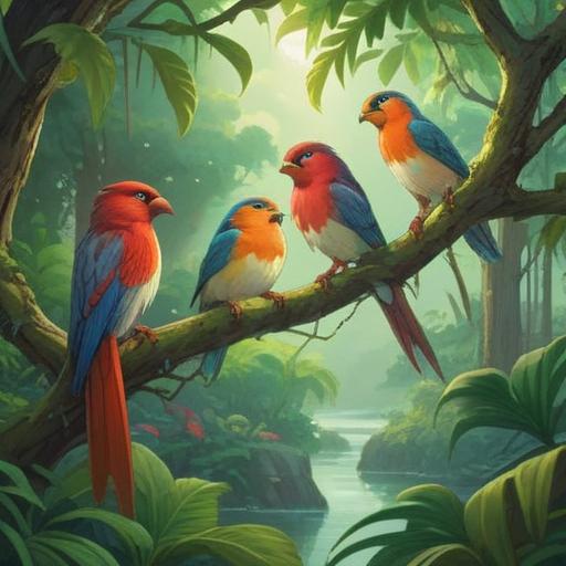 A serene landscape featuring four birds perched together on a branch, surrounded by lush greenery, soft sunlight filtering through the leaves, symbolic elements representing guidance and spiritual meaning, a sense of tranquility and connection, vibrant colors, harmonious composition, inviting atmosphere, 4k