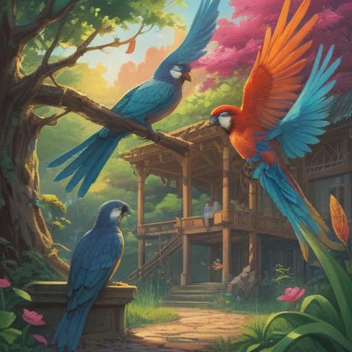 A vibrant illustration capturing the moment of encountering four birds, each representing a unique lucky charm, colorful feathers, serene park setting, sunlight filtering through trees, joyful expressions, whimsical elements, a sense of wonder and fortune, 4k