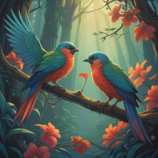 A mystical scene depicting two birds perched on a branch, vibrant feathers, symbolic representation of duality and harmony, ethereal light surrounding them, foliage in the background, serene atmosphere, spiritual energy flowing, colorful and detailed illustration, 4k
