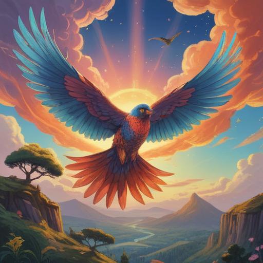 A spiritual illustration of two birds flying together, symbolizing harmony and connection, vibrant colors, serene sky backdrop, subtle rays of sunlight, uplifting atmosphere, graceful wing movements, signs of unity and peace, 4k