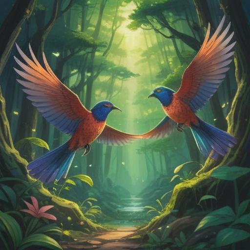 Two birds appearing at a specific moment, symbolizing spiritual signs, vibrant natural setting, lush greenery in the background, ethereal light illuminating the scene, mystical aura surrounding the birds, serene atmosphere, deep connection to nature, 4k