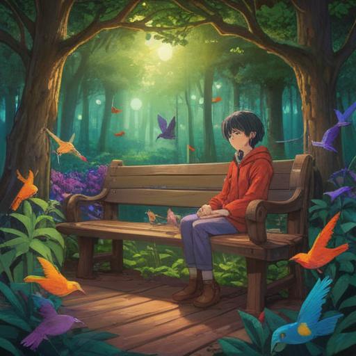 A serene forest setting, a person sitting peacefully on a wooden bench, surrounded by various colorful birds, each bird representing a different trait like freedom and joy, soft sunlight filtering through the trees, a gentle breeze ruffling the leaves, a sense of connection to nature, spiritual symbols subtly integrated into the scene, calming atmosphere, harmonious coexistence, vibrant colors, detailed textures, 4k