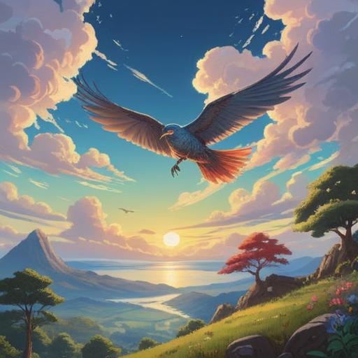 A serene nature scene featuring a majestic bird soaring through a clear blue sky, sunlight filtering through soft clouds, a tranquil landscape below adorned with lush greenery and blooming flowers, symbolizing spiritual guidance and hope, an aura of enlightenment emanating from the bird, peaceful ambiance, 4k