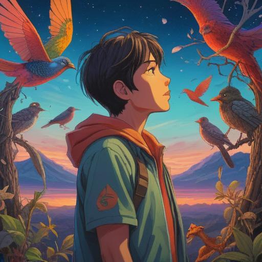 A serene illustration of a person observing various birds in a tranquil natural setting, vibrant colors, spiritual symbols in the sky, birds represented as messengers, nature's harmony, ethereal light, peaceful ambiance, intricate details in bird species, 4k