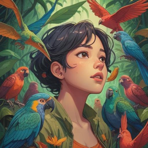 A vibrant illustration of a person with a joyful expression, surrounded by various colorful birds like parrots, canaries, and finches, showcasing a connection with nature, lush greenery in the background, soft sunlight filtering through leaves, detailed feathers and textures, a sense of harmony and peace, 4k