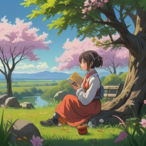 A serene outdoor setting, a person sitting peacefully under a blossoming tree, birds perched nearby, sharing a moment of connection, soft sunlight filtering through the leaves, vibrant flowers in the foreground, gentle breeze rustling the feathers, tranquil atmosphere, warm colors, harmonious interaction, 4k