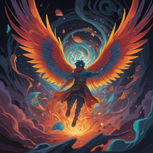 A symbolic illustration of a bird and a person engaged in a conflict, vivid colors, abstract representation of spirituality, swirling energy around them, dynamic poses, contrasting emotions, intricate feathers, ethereal background, deep connection between nature and spirit, 4k