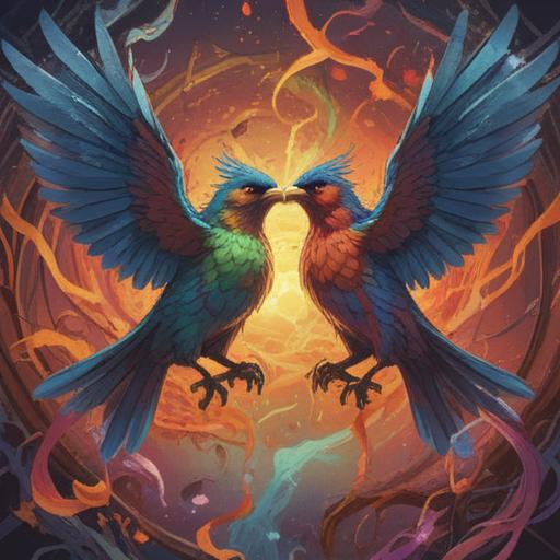 A surreal illustration of two birds engaging in a spirited fight, vibrant colors, symbolic energy radiating around them, celestial elements in the background, spiritual aura emanating from the scene, harmony in chaos, nature's balance, intricate feather details, 4k