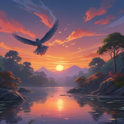 A serene landscape showing two birds engaged in a subtle confrontation, mystical energy aura surrounding them, soft twilight sky, gentle flowing river nearby, symbolic representations of spiritual signs in the background, ethereal glow, nature's harmony, vibrant colors, balanced composition