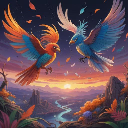 A surreal scene depicting two birds squabbling in mid-air, vivid colors capturing their feathers, a backdrop of a bright sky transforming into numbers, the number seven glowing prominently in the foreground, a sense of tension and movement, whimsical and enchanting atmosphere, dreamlike quality, 4k