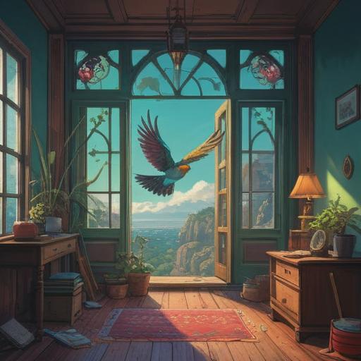 A spiritual and symbolic illustration of a bird colliding with a window, conveying themes of transformation and awakening, featuring a serene indoor environment, sunlight streaming through the glass, reflections of nature, emotional contrast, intricate details, ethereal atmosphere, a sense of introspection, vibrant colors, 4k