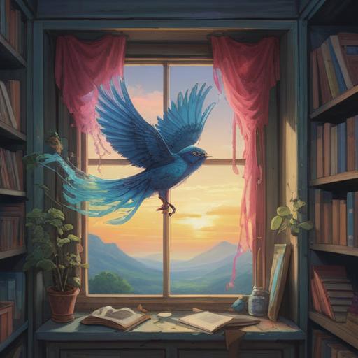A serene and mystical scene depicting a bird gently colliding with a window, ethereal light surrounding the event, symbolic imagery of transformation and enlightenment, calm colors, aura of hope and positivity, natural elements integrating the setting, capturing the essence of spiritual guidance and meaningful signs, 4k