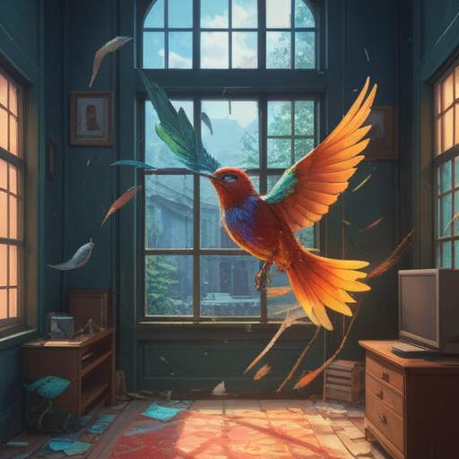 A serene scene depicting a bird colliding with a window, ethereal energy surrounding the bird, vibrant feathers indicating vitality, subtle hints of spiritual symbols in the background, a gentle aura illuminating the moment, reflective glass showing the bird's startled expression, nature's harmony disrupted, signifying messages from the universe, 4k