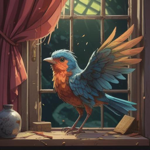 A serene moment depicting a bird that has just collided with a window, soft feathers ruffled, surprised expression on its face, gentle sunlight filtering through the glass, reflections of the surrounding nature, a sense of unexpected luck in the air, a peaceful indoor setting, attention to details in the bird's plumage, 4k