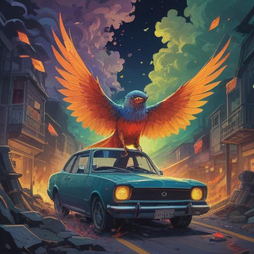 A surreal illustration of a bird colliding with a car, vibrant colors, mystical atmosphere, symbolic representation of spiritual messages, dynamic motion, contrast between nature and machinery, ethereal energy surrounding the scene, thoughtful expression on the bird, 4k