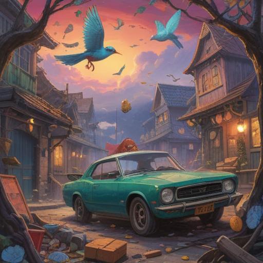 A whimsical scene depicting a bird that collided with a car, the bird surrounded by scattered lucky charms, vibrant colors, expressive details of the bird and car, emphasizing the clash, a sense of surreal luck in the aftermath, playful and imaginative atmosphere, 4k