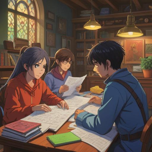 A harmonious illustration depicting a group of diverse individuals collaborating around a large table filled with papers and laptops, a sense of teamwork and communication, bright color palette, detailed expressions of collaboration, dynamic poses, conveying the theme of