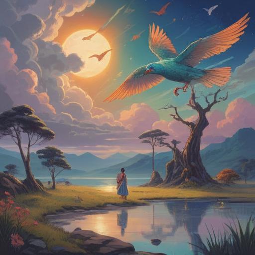A serene landscape featuring three birds symbolizing spiritual significance, each representing a different aspect of spirituality, surrounded by ethereal light, gentle cloud formations, vibrant flora, a tranquil river reflecting the calmness, a harmonious atmosphere, nature’s beauty, uplifting and inspiring scene, 4k