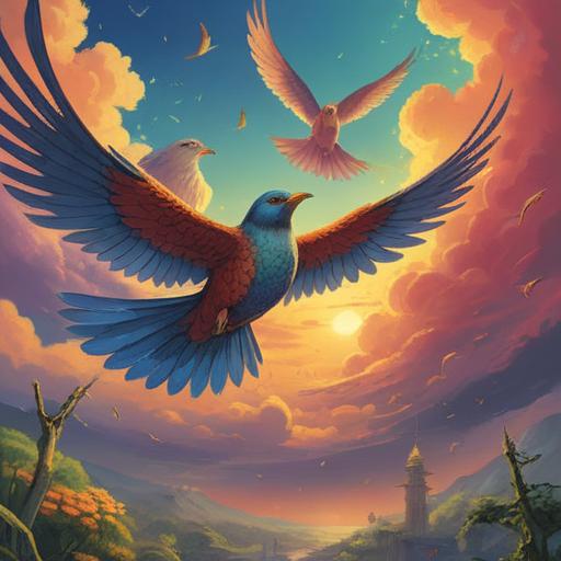 A serene scene featuring three birds soaring gracefully in the sky, symbolizing spiritual guidance, vibrant colors representing positive energy, soft sunlight illuminating the birds, peaceful natural setting with gentle breezes, lush greenery, tranquil atmosphere, uplifting and harmonious vibes, 4k