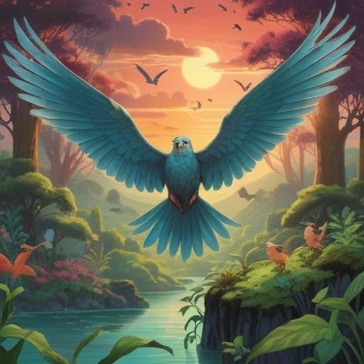 A serene and mystical landscape, three birds soaring in the sky, symbolizing spiritual guidance, ethereal light surrounding the birds, lush greenery below, tranquil atmosphere, subtle hints of twilight, harmonious colors, a sense of connection to the universe, 4k