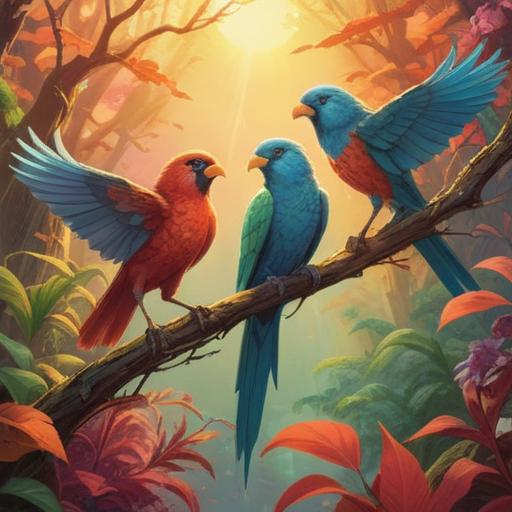 Three birds perched on a branch, vibrant colors showcasing their feathers, sunlight filtering through the leaves, a serene and peaceful atmosphere, symbolizing good luck and positivity, detailed background with blossoms and greenery, gentle breeze rustling the leaves, 4k