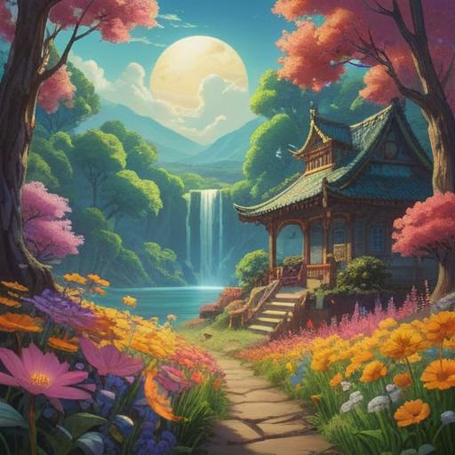 A serene landscape showcasing a glowing ethereal symbol of gratitude, surrounded by vibrant flowers and gently floating orbs of light, soft rays of sunshine filtering through the trees, a tranquil river reflecting the colors of the scene, a peaceful and uplifting atmosphere, 4k
