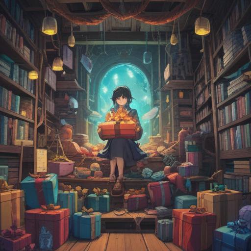 A mystical illustration of a growing pile of gifts, radiant light emanating from them, symbolic representations of intuition and awareness surrounding the gifts, ethereal elements like shimmering auras and subtle shadows, a serene environment suggesting contemplation, a figure observing intently, vibrant colors reflecting spiritual energy, captivating details in the gifts, 4k