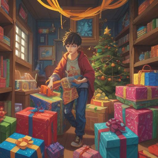 A vibrant illustration of a person joyfully receiving a variety of gifts, overflowing with colorful wrapped boxes and unique items, surrounded by a magical aura that symbolizes luck and joy, cheerful and festive atmosphere, bright colors, expressive facial expressions, whimsical details, 4k