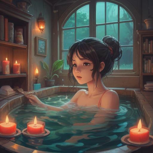 A serene scene depicting a person enjoying a long, relaxing bath, steam rising gently in the air, surrounded by calming elements like candles and soothing plants, showcasing a sense of spirituality and tranquility, warm colors, inviting atmosphere, reflecting the idea of self-care and rejuvenation, meditative expression, 4k