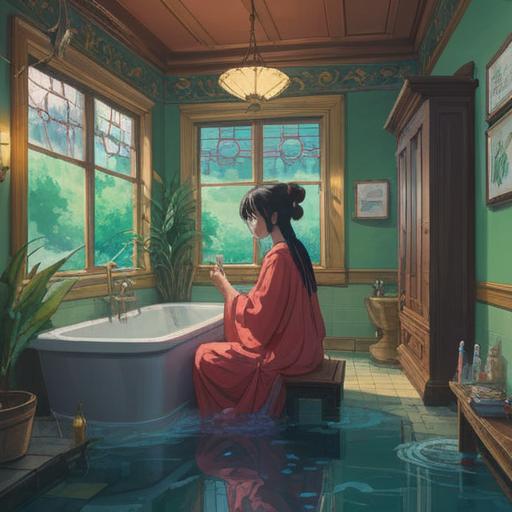 A serene bathroom scene, soft steam rising, a person reflecting in a quiet moment, symbolic representations of spirituality, gentle water ripples, soothing color palette, contemplative atmosphere, hints of mindfulness and relaxation, 4k