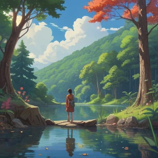 A peaceful scene of a person practicing mindfulness, surrounded by nature, gentle sunlight filtering through the trees, a serene lake reflecting the sky, a yoga mat laid out, soft breeze moving leaves, calm expressions, balanced lifestyle, harmony with surroundings, 4k