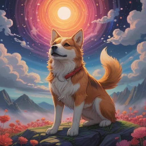 A wise and gentle dog in a serene landscape, surrounded by ethereal lights and soft clouds, symbolizing longevity and spiritual connection, a tranquil aura emanating from the dog, vibrant flowers blooming around, peaceful atmosphere, harmony with nature, 4k