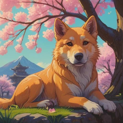 A wise old dog sitting peacefully under a blooming cherry blossom tree, embodying spiritual energy and longevity, soft golden light illuminating its fur, serene expression reflecting wisdom and tranquility, surrounded by butterflies symbolizing transformation, gentle breeze rustling the petals, calm and harmonious atmosphere, 4k