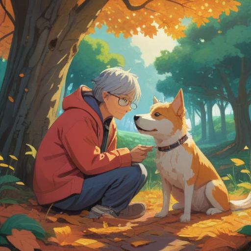 A serene scene featuring an elderly dog resting peacefully beside an owner, warm sunlight filtering through trees, a gentle breeze rustling leaves, symbolic elements like feathers and butterflies representing spiritual signs, a sense of connection and tranquility, detailed expressions of joy and companionship, vibrant yet calming colors, nature-rich background, 4k