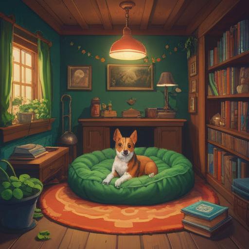 A cozy interior setting featuring a vintage dog bed, surrounded by various lucky charms like a four-leaf clover, a horseshoe, and a jade pendant, a happy dog lounging peacefully, natural sunlight streaming through the window, warm and inviting atmosphere, soft textures, 4k