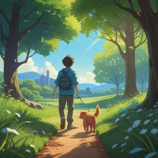 A warm and heartwarming scene of a person playing fetch with their beloved dog in a sunny park, vibrant green grass, a clear blue sky, trees swaying gently in the breeze, joyful expressions on both the person and the dog, a colorful frisbee flying through the air, moments of connection and joy, 4k