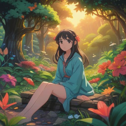 A serene and introspective scene, a figure sitting peacefully in a lush garden, surrounded by vibrant flowers and tall trees, ethereal light shining through the leaves, floating symbols representing intuition and spirituality, tranquil pond reflecting the sky, a feeling of release and acceptance, gentle breezes, harmonious atmosphere, 4k