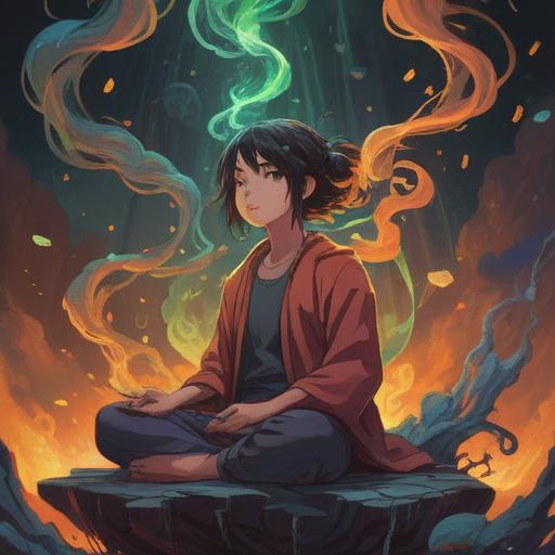 A mystical illustration representing the spiritual meaning of a persistent cough, ethereal elements surrounding a figure in meditation, wisps of smoke symbolizing energy release, a tranquil setting with soft light, contrasting dark shadows, healing crystals nearby, serene expression, harmonious balance, 4k