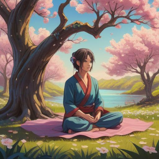 A serene illustration depicting a calm person meditating under a blossoming cherry tree, gentle waves of energy surrounding them, symbols of healing and spiritual growth in the air, warm light filtering through the branches, peaceful expression, soft colors, harmonious atmosphere, 4k