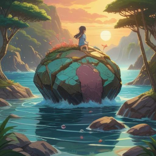 A serene scene depicting a lucky stone resting on a tranquil surface, surrounded by soft light, gentle waves, and nature's beauty, symbolizing inner peace, calming colors, harmonious elements, a meditative atmosphere, reflective surfaces, soothing textures, 4k