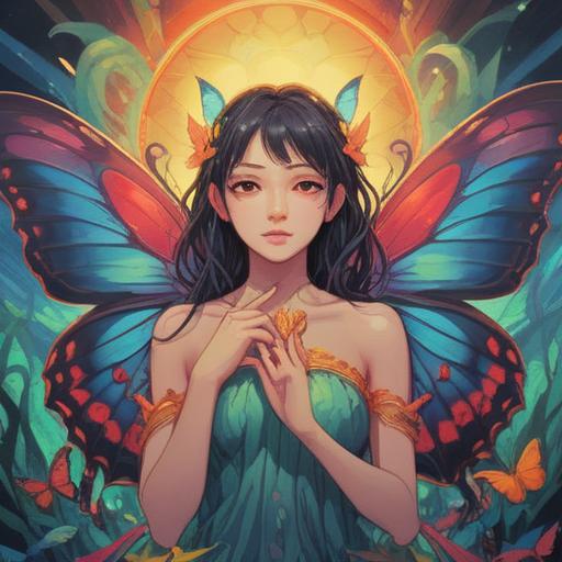 A mystical illustration depicting butterfly wings, ethereal patterns representing spiritual meanings, vibrant colors symbolizing transformation and freedom, serene background with soft light, intricate details showcasing the connection between nature and spirit, harmonious atmosphere, inviting and reflective mood, 4k