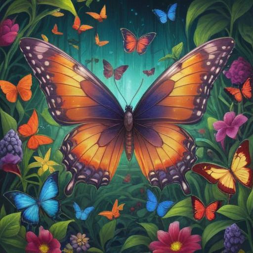 A serene and mystical scene featuring colorful butterflies with intricate wing patterns, symbolizing fortune and spiritual signs, surrounded by a vibrant garden filled with blooming flowers, gentle sunlight filtering through the leaves, a tranquil atmosphere, ethereal glow, detailed textures, 4k