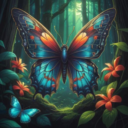 A captivating illustration of a butterfly with vibrant, intricate wings, symbolizing spiritual signs, surrounded by a mystical forest backdrop, soft glowing light filtering through the leaves, ethereal atmosphere, reflective pond nearby, vibrant colors, delicate details, serene and enchanting scene, 4k