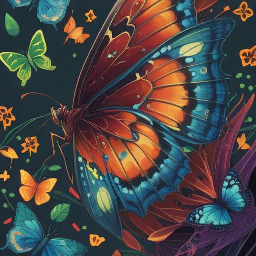 A close-up view of a beautifully detailed butterfly wing, vibrant colors reflecting light, surrounded by lucky charms such as a four-leaf clover, a horseshoe, and a wishbone, soft blurred background enhancing the focus, intricate patterns on the butterfly wing, evoking a sense of hope and positivity, 4k