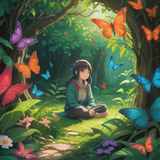 A tranquil scene depicting a person sitting peacefully in a lush garden, surrounded by colorful butterflies, soft sunlight filtering through leaves, gentle breeze creating a calming atmosphere, the person is meditating with a serene expression, butterflies fluttering around them, symbolizing messages from nature, vibrant colors, harmonious composition, 4k