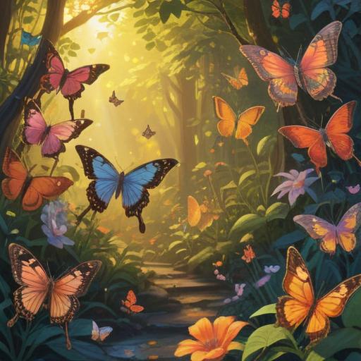 A serene scene of colorful butterflies gently fluttering around a tranquil garden, illuminated by golden sunlight, symbolizing a spiritual connection and positive energy, lush green plants and fragrant flowers surrounding the butterflies, a peaceful aura enveloping the atmosphere, uplifting and harmonious vibes, evoking a sense of hope and enlightenment, 4k
