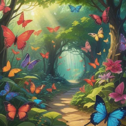 A serene garden scene filled with colorful butterflies fluttering around, soft sunlight filtering through the leaves, an ethereal atmosphere, a gentle breeze rustling the flowers, delicate spiritual symbols subtly integrated into the background, calming colors, a sense of wonder and connection to nature, peaceful and reflective mood, 4k