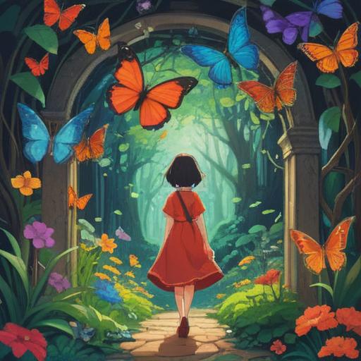 A whimsical scene of a person holding a lucky charm, vibrant butterflies fluttering around, an enchanting garden filled with blooming flowers, bright sunlight filtering through the leaves, a sense of magic and serenity, vivid colors, soft focus background, 4k